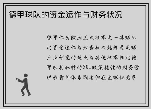 德甲球队的资金运作与财务状况